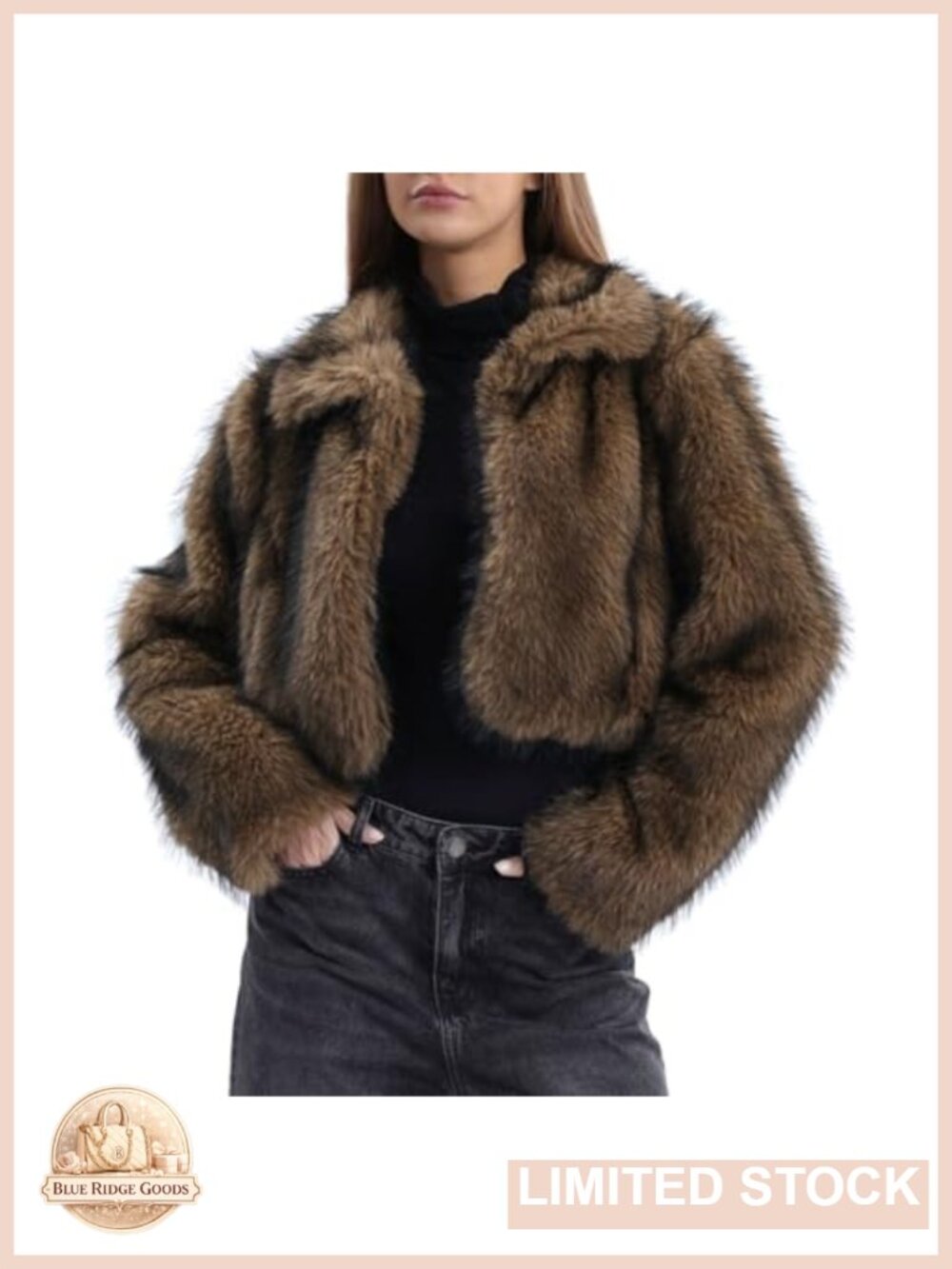 Faux Fur Cropped Open-Front Winter Coat Long Sleeve Side Pockets